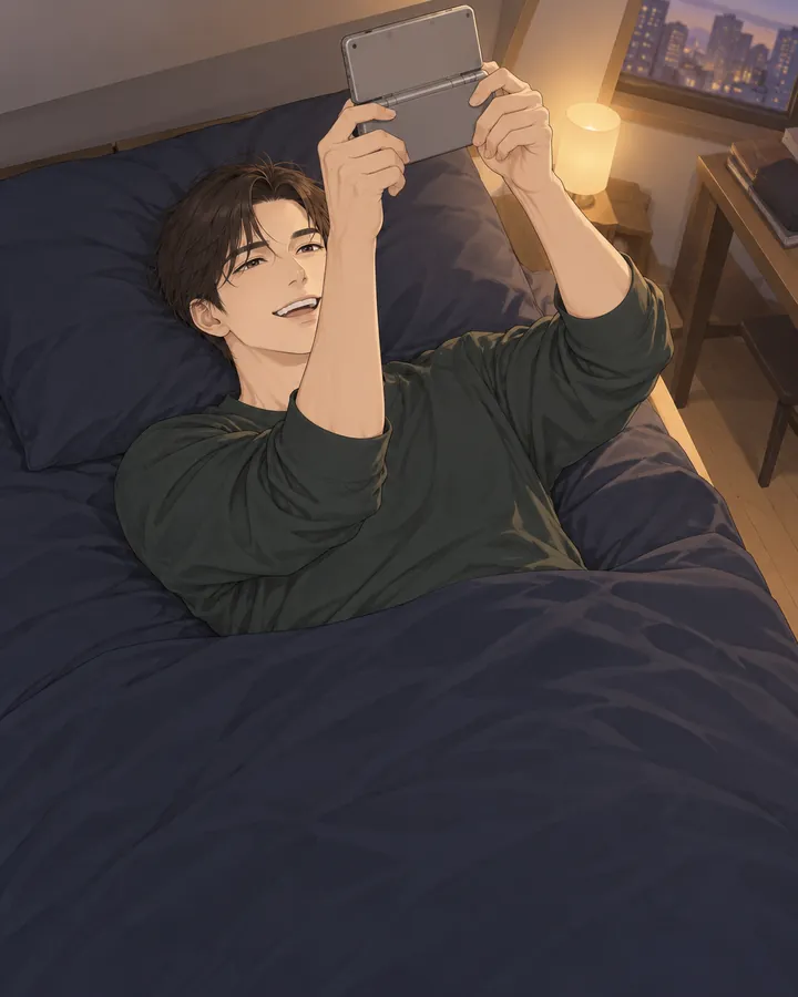침대에 기대 휴대폰을 들여다보는 건우