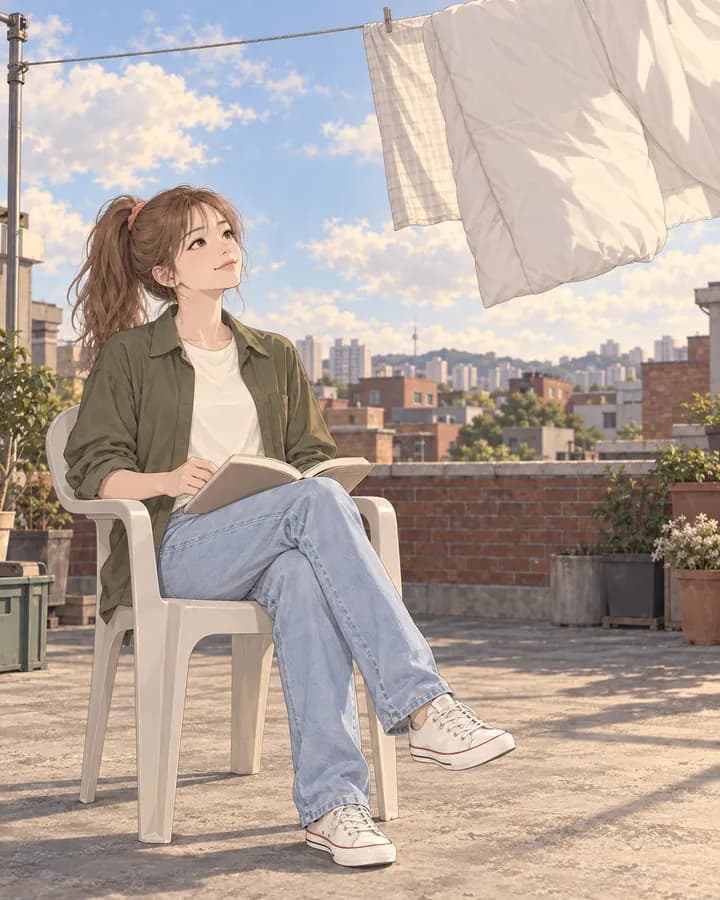 햇볕 드는 옥상 의자에 앉아 쉬는 하루