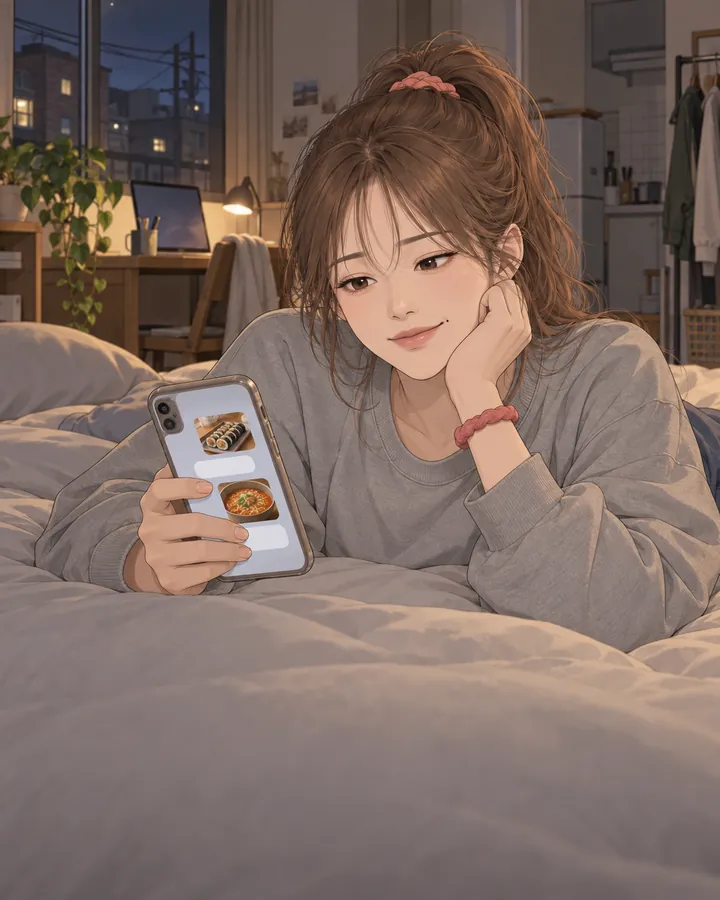 사진 두 장이 오간 휴대폰을 보며 편하게 웃는 하루