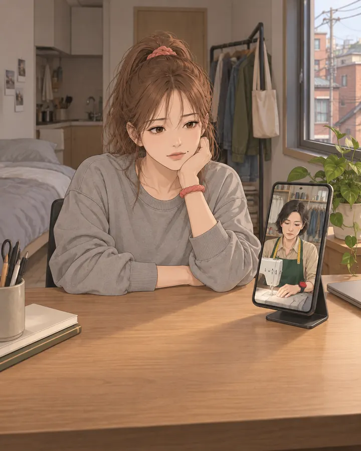 책상 앞에서 영상통화하는 여성, 휴대폰 화면 속 재봉틀 앞의 어머니